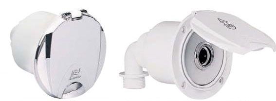 Plastimo spyleuttak med hvit lokk og 90 grader tilkobling