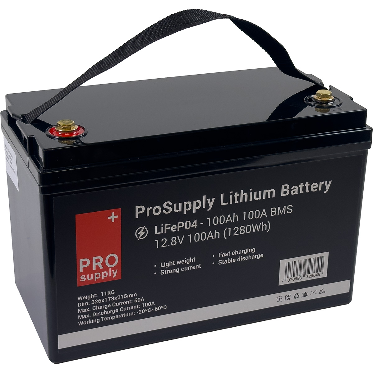 ProSupply Lithium 12V LiFePO4 batteri 100Ah 100A BMS