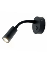 Nautilight Aries Short LED vegglampe med flexarm, USB-C uttak 2W, 12/24V, Sort