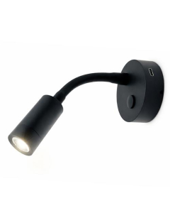 Nautilight Aries Short LED vegglampe med flexarm, USB-C uttak 2W, 12/24V, Sort